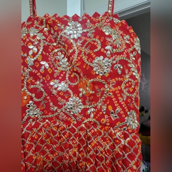 Red Readymade Embroidered Suit With Bandhej Sharara - Picture 4 of 9